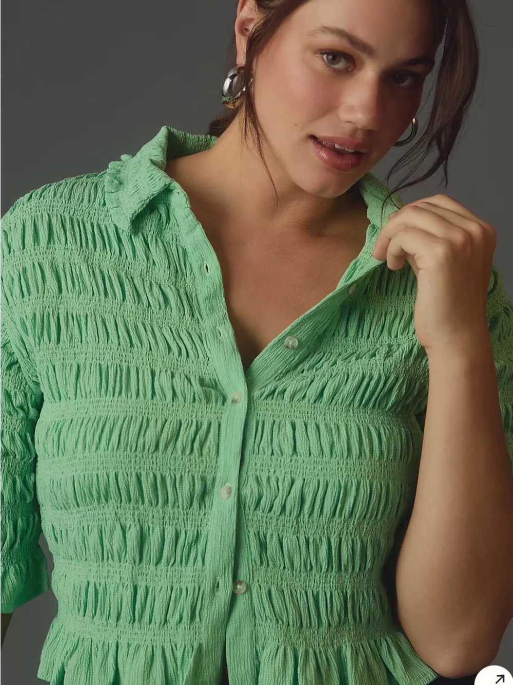 Maeve, Women’s L, Smocked Button-Front Top, Green